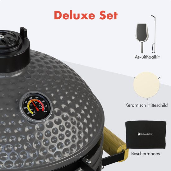 KitchenBrothers Kamado BBQ - 16 Inch Houtskool Barbecue - 34⌀ cm - PFAS-vrij - Deluxe Set - Egg BBQ met Accessoires - Grijs