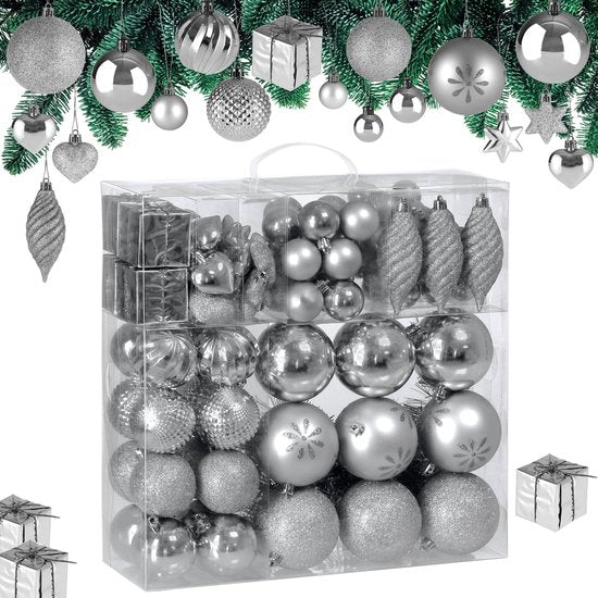 Deuba Kerstboomballen - Set van 103 Kunstof Mat Glanzend - Zilver