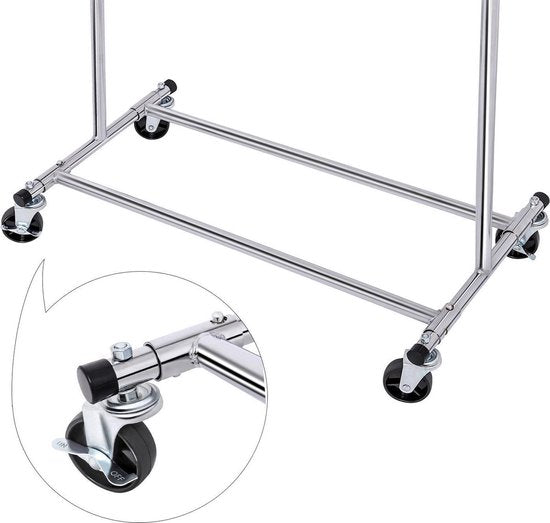 O'DADDY® Kledingrek op Wieltjes - Garderoberek - Verstelbare kledingstang - Uitschuifbare Kledingstang 92-132 cm - 90 kg Belastbaar - Metaal - Zilver
