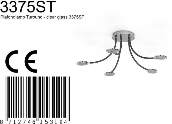 Plafondlamp Turound 3375ST – stalen designlamp met glas, LED, dimbaar, 91,5 cm, Steinhauer