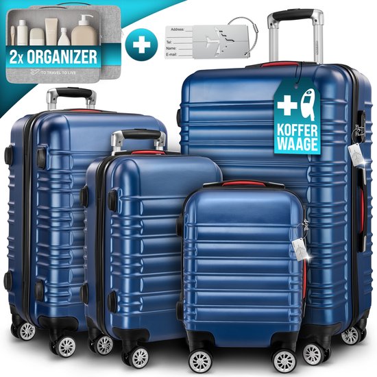 Monzana 4-delige Hardcase Kofferset - Handbagage M L XL Trolleys - Marineblauw