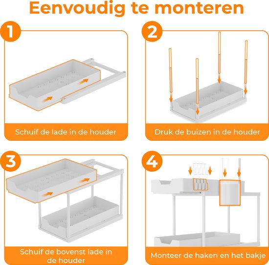 Posity Gootsteenkast Organizer - Keukenkastje Organizer - Schuiflade - Kast Organizer - Badkamer Organizer - Aanrecht Organiser - 2 Uitschuifbare Lades - Wit