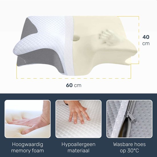Alyze - Anti-Snurk Kussen - Ergonomisch - Orthopedisch - Memory Foam - Voor Alle Slaaphoudingen - 60x40 cm - Hoofdkussen - Apneu