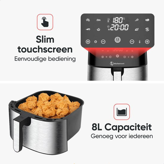 Kitchenwell AirFryer - Heteluchtfriteuse - 8L Inhoud - 80-200℃ - Timer - 1800W - Zwart