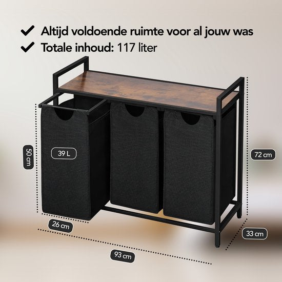 Brixy Wasmand 3 Vakken - Wassorteerder - Uitschuifbaar - Wasbox Metaal - 117L Inhoud - 90 x 33 x 70 cm - Zwart/Bruin