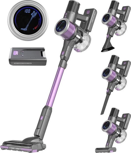 Auronic Steelstofzuiger - Draadloos - Zonder Zak - Op Accu - Zelfstaand - 350W - Extra Batterij - Stofzuiger - Grijs/Paars