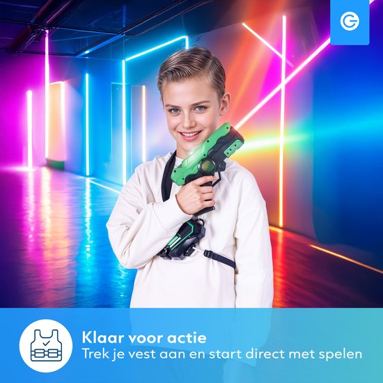 Silvergear Lasergame Set voor Kinderen met 2 Laserguns en 2 Vesten - Interactief Speelgoed Pistool 15m Bereik - Schietspel - Laser Tag Battle Buitenspeelgoed - Cadeau voor Jongens en Meisjes - 6, 7, 8, 9, 10, 11, 12, 13, 14, 15, 16 Jaar - Groen Blauw
