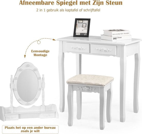 Coast Klassieke Kaptafel met Krukje - LED Lampen - Make up Tafel - 75 x 40 x 146cm - Wit