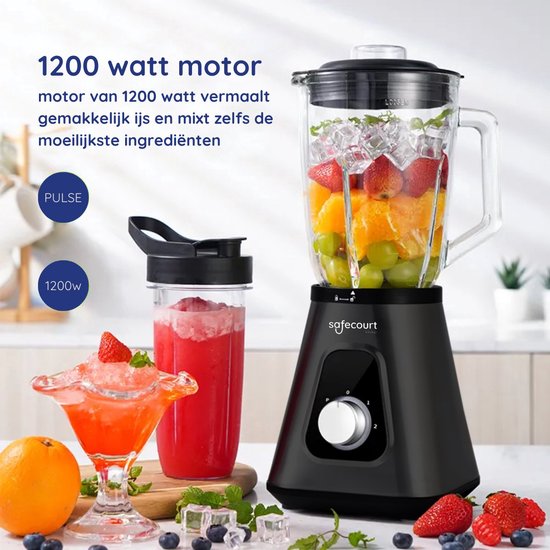 Safecourt Kitchen Blender - Krachtige 1200 Watt Blender met To-Go Beker - 3 Standen - Zwart