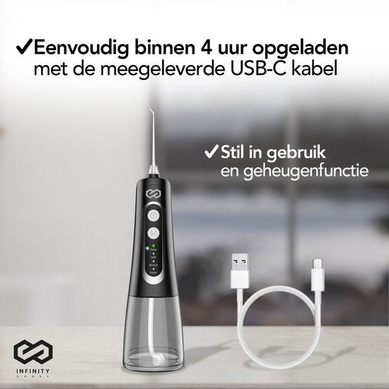 Infinity Goods Waterflosser - Monddouche - Elektrisch Flosapparaat - Draadloos En Oplaadbaar - 5 Opzetstukken - Zwart