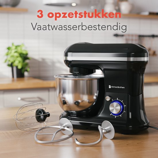 KitchenBrothers Keukenmachine & Mixer – 1200W – 5L RVS Mengkom – 6 Snelheden & Pulse – 36,9 x 23,1 x 33,4 cm – Zwart