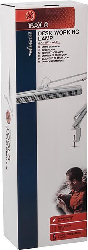 Velleman Bureaulamp met klem, zwenkarm, aan/uit-schakelaar, 60 cm breed, 3x 14 W, 6500 K, wit