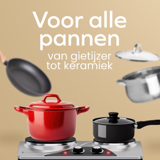 KitchenBrothers Elektrische Kookplaat - 2 Pits - Vrijstaand - 7 temperatuurstanden - 1500W + 1000W - RVS/Zwart