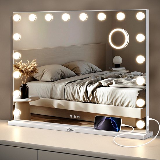 Mirlux Grote Hollywood Spiegel 80x60CM - LED Verlichting - USB & USB-C oplaadpoorten - Make Up - Wit