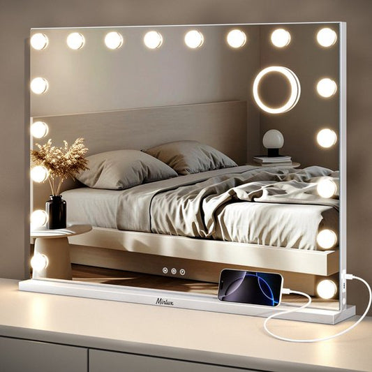 Mirlux Grote Hollywood Spiegel 80x60CM - LED Verlichting - USB & USB-C oplaadpoorten - Make Up - Wit