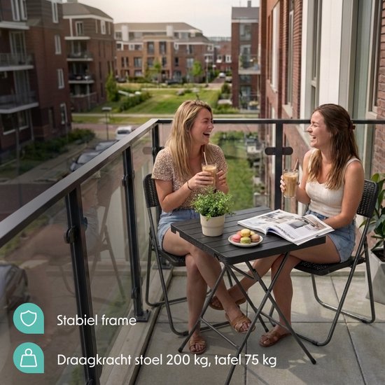 LifeGoods Bistroset - 3-delig - Inklapbaar - Rattan Look - Tuinset met Bijzettafel - Zwart - 200kg Draagkracht - Weerbestendig