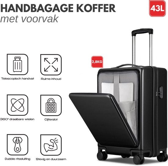 VAIVE Handbagage Koffer Met Voorvak - 43L Koffer - Lichtgewicht Trolley - Zwart