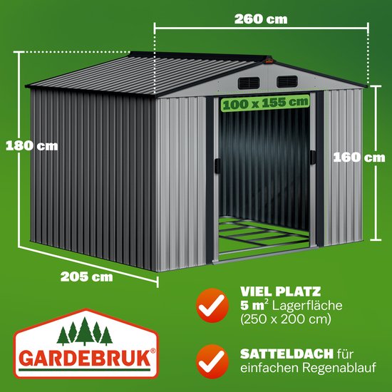 GARDERBRUK gereedschapsschuur – Incl. Fundering – 260 x 205 x 180 cm – Grijs
