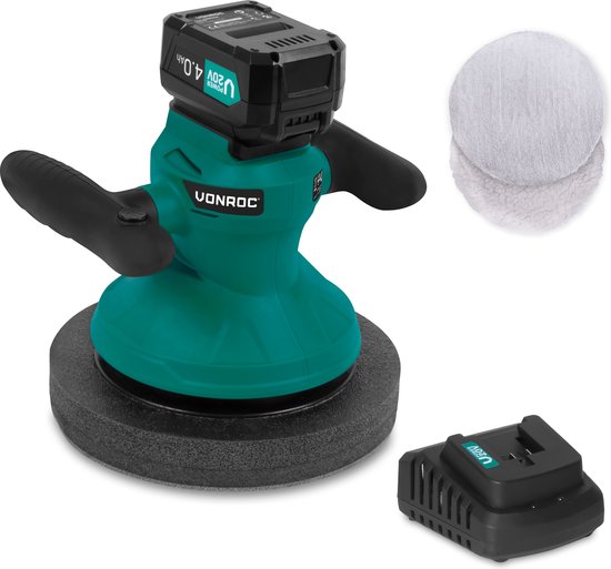 Accu polijstmachine - poetsmachine 20V - Ø240mm – Incl. verstelbare handgrepen, 2 polijsthoezen en opbergtas – Incl. 4.0Ah accu en snellader