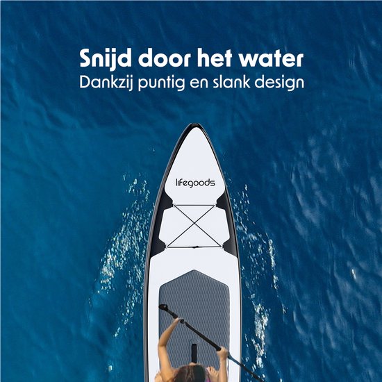 LifeGoods SUP Board Touring - 165 KG Draagkracht - 365 x 76 cm - Opblaasbaar - Compleet Sup pakket - Wit/Zwart