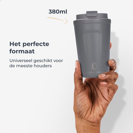 Castagnola Thermosbeker - Koffiebeker To Go - Travel Mug voor Koffie en Thee - Theebeker - 380 ML - RVS - Grijs