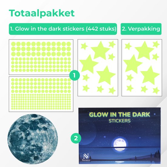 Nuvance - Glow in the Dark muur stickers (Maan en sterren) - 442 Stuks - Acryl