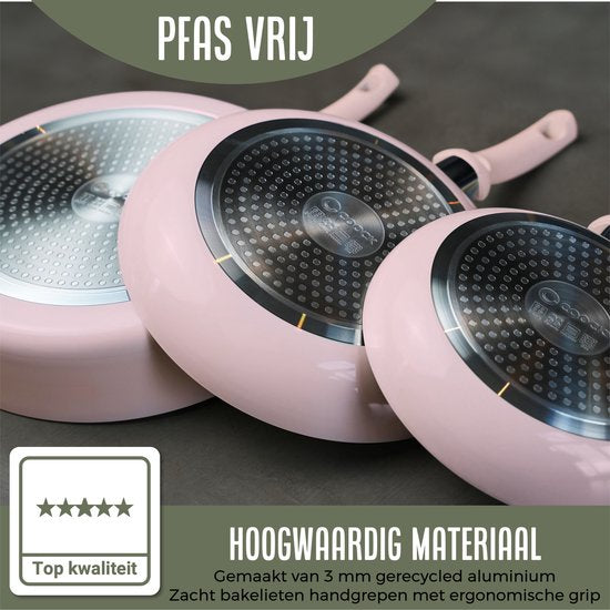 COOCK 19-Delige Pannenset - Speciale Anti-Aanbak Coating - Ergonomische Koudgrepen - Gerecycled Aluminium - koekenpannenset - kookpottenset - Lichtroze - Inclusief Onderzetters en E-book