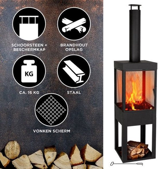 BBQ Collection Houtkachel met Schoorsteen - Tuinhaard 194 x 44 x 47 cm - Terrashaard met Vonkenscherm - Terraskachel met As-Opvangbak en Brandhout Opslag - Houtkachel Tuin - Carbon Staal