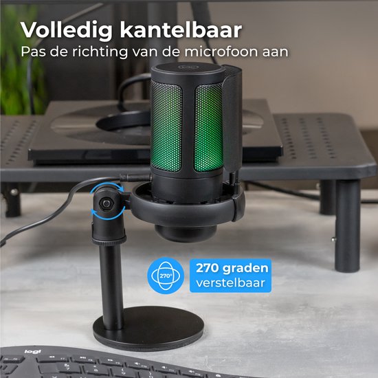 Nuvance - USB Microfoon met Standaard - voor PC en Gaming Microfoon - met Ruisfilter - Inclusief USB-C Converter - Streaming Microfoon - RGB
