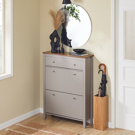SoBuy FSR89-KA Schoenenkast met 2 Kleppen & Grote Lade – 12 paar schoenenopberglade voor entree, hal – Schoenenrek lichtbruin, 80×25×108cm