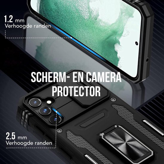 Podec Hoesje geschikt voor Samsung Galaxy A56 / A36 / A37 - Zwart Telefoonhoesje - Anti-Shock Case Cover - Hybrid Armor Hoes met Kickstand Ring met Screenprotector
