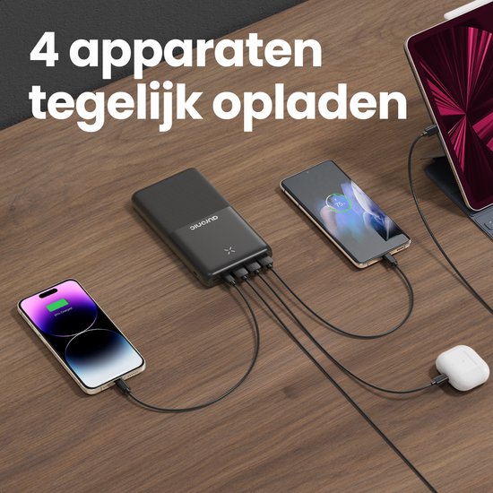 Auronic Powerbank 30.000 mAh - 22.5W Snellader via USB-C, USB-A, Micro-USB - Inclusief Kabel - Universeel - Quick Charge - Noodpakket - Zwart