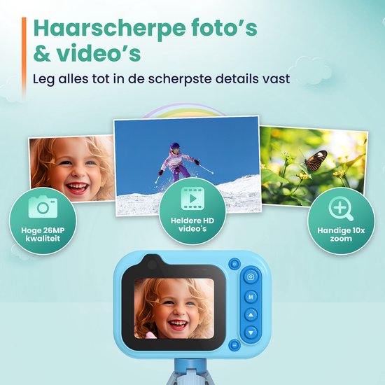 ODESSEY Waterdichte Kindercamera - met Tripod - Full HD - Selfie Camera - 32GB SD Kaart - Foto - Video - Spelletjes - Digitale Camera Kinderen - Fototoestel voor kinderen - Blauw