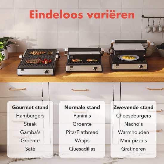 KitchenBrothers Contactgrill Deluxe - Tosti Apparaat - Grill Apparaat - Uitneembare Grillplaten - Panini Grill - 5 hoogtestanden - Croque Monsieur Toestel - 2000W - RVS