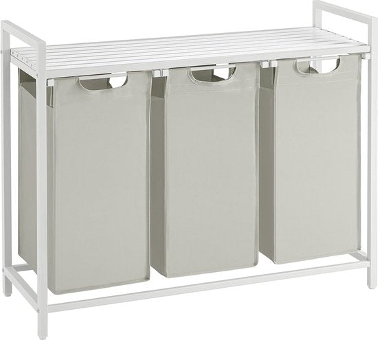 VASAGLE - Wasmand, mand voor vuile was, met 3 vakken en 3 verwijderbare zakken van Oxford-stof, werkblad, metalen frame - 3 x 38 liter, 92,5 x 33 x 72 cm, wit BLH301W01