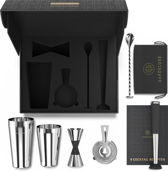 BarDeluxe® Cocktail Shaker Set - 5-Delig Boston Shaker - Cocktail Set met Stamper, Zeef, Barlepel & Receptenboek - Inclusief Luxe Geschenkdoos - Zilver