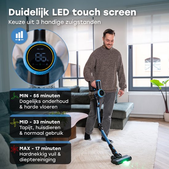 Ølven Steelstofzuiger CleanMax - Draadloos - 400W - Kruimeldief - 55Min Accu - Stofzuiger Zonder Zak - Aroma Functie