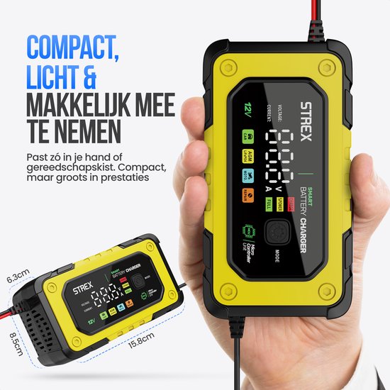 Strex 12V 7A Acculader – Druppel en Snellader met LCD Display – Voor Auto, Motor, Boot en AGM/Loodaccu’s – Reparatiemodus