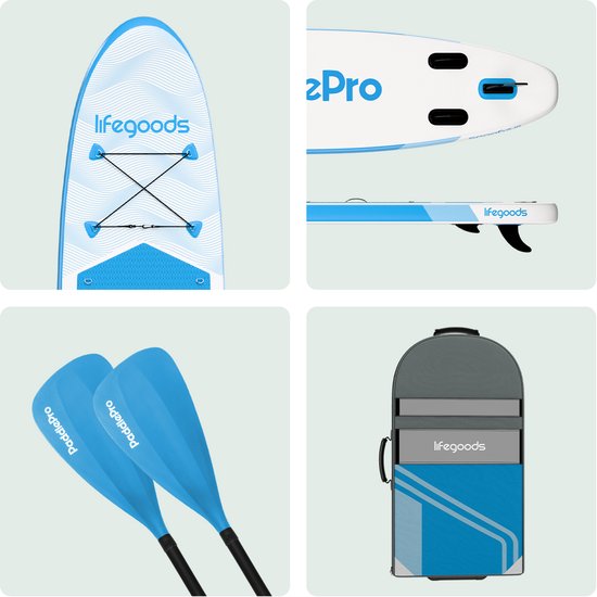 LifeGoods SUP Board Allround Compact - Met Zitje - 100 KG Draagkracht - 300 x 76 cm - Opblaasbaar - Compleet SUP pakket - Sky Blue