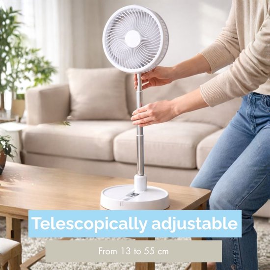 Lifetime Air Tafelventilator Telescopisch - Ventilator Staand met USB en Oplaadbare Batterij - Mini Ventilator met 4 Snelheden - Verstelbaar 13-55 cm - Wit