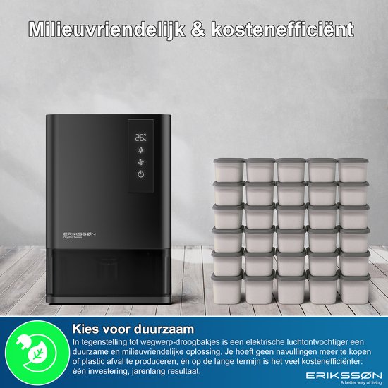 Erikssøn Luchtontvochtiger Dry Pro Series – Ontvochtigt Tot 1,2L/Dag – Zwart – 360° Circulatie & Hygrometer