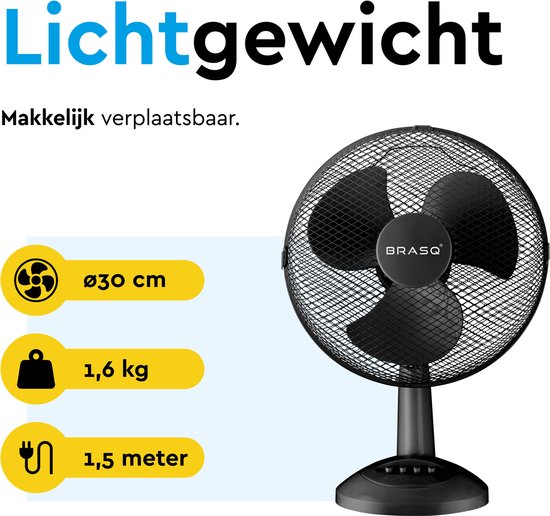 BRASQ Ventilator 30 cm – Krachtige Tafelventilator – 3 Standen – Zwart