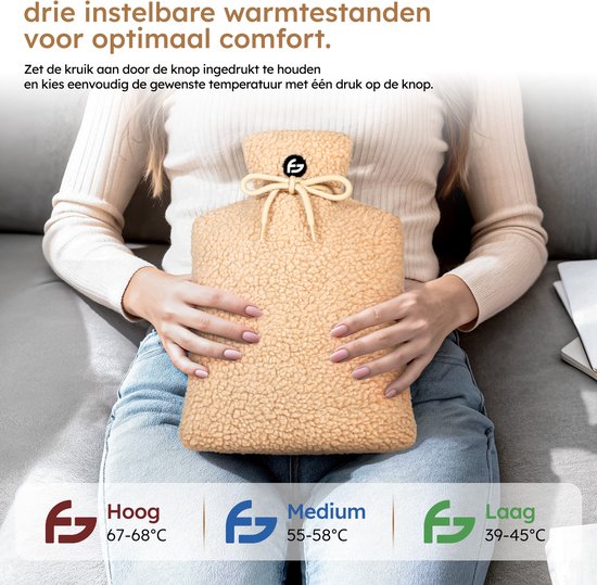 Elektrische Kruik – 3 Standen – Kruik – 10.000 mAh Powerbank – Wasbare Hoes – Oplaadbare Kruik – Teddy Beige – Saaf Comfort