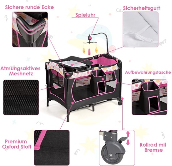 Coast 4-in-1 Babybed – Opvouwbaar Reisbed, Zijbed & Playpen – Zwart/Roze