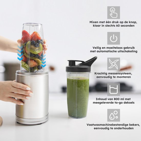 Blender To Go - 6-Delige Set - Smoothie Maker - Blender - 2x 800ml Drinkbekers - 1200W - Vaatwasserbestendig - BPA-vrij - Draagbare Blender - Zilver - van Saaf