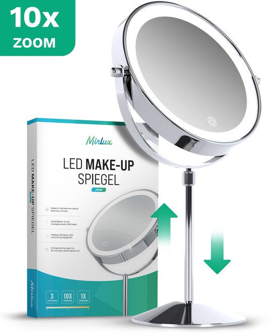 Mirlux Luxe Make-upspiegel met LED-verlichting - 10x Vergroting - Verstelbaar & Oplaadbaar - 3 Lichtstanden - Chroom - Make-upspiegel - Spiegel met LED-licht