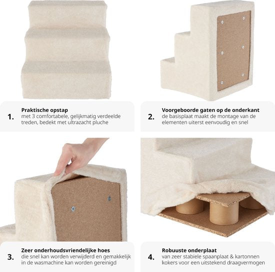 Tectake® Hondentrap en Kattentrap - Huisdiertrap - Instaphulp met Wasbare Hoes - Extra Platte Treden - (beige, 37 x 45 x 34,5 cm, 3)