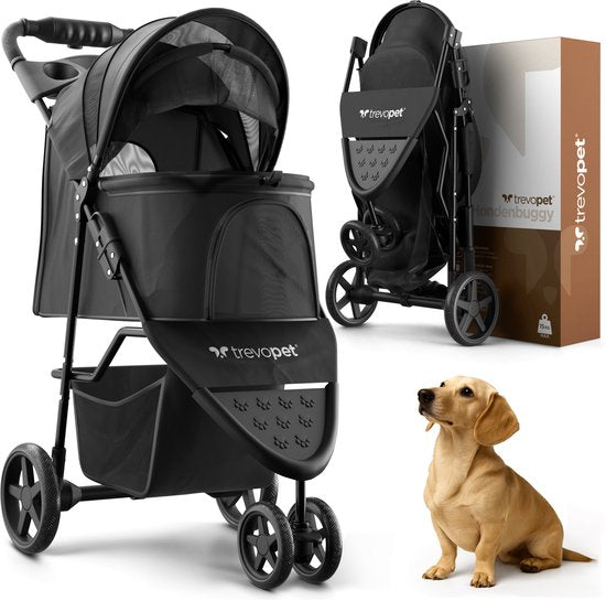 TrevoPet® Inklapbare Hondenbuggy - Voor Kleine en Middelgrote Honden tot 15 kg - Waterafstotend met Bekerhouder, Opbergmand - Zwart