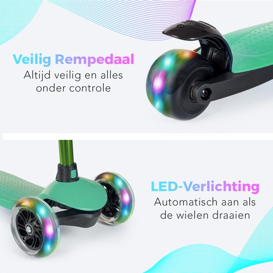 LifeGoods Kinderstep – 3 LED Wielen, Hoogte Verstelbaar – 55-69,5 cm – Muntgroen