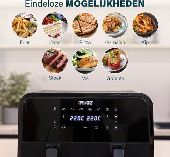 Princess Double Basket Airfryer 182068 - Dubbele heteluchtfriteuse - 2 manden x 4 liter - 8 voorgeprogrammeerde programma’s - Touchscreen - Zwart